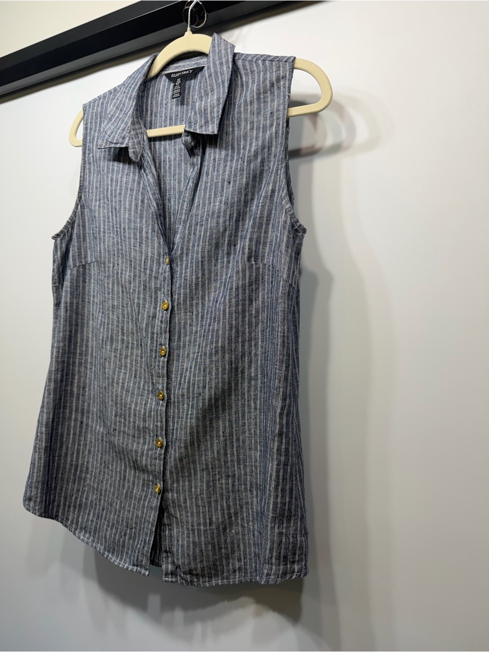 Ellen Tracy 100% Linen Sleeveless Button Front Top Medium Blue Stripe - Picture 3 of 12